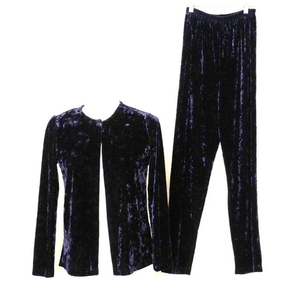 Vintage Crushed Velvet Cardigan Pants Set Navy Blue Womens Size PS by Clio - Picture 1 of 10